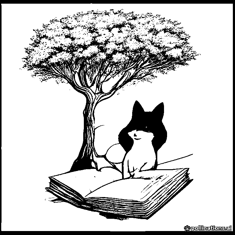 A printable coloring page made by this tool: a fox reading a book under an oak tree, drawn in clean black outlines on white